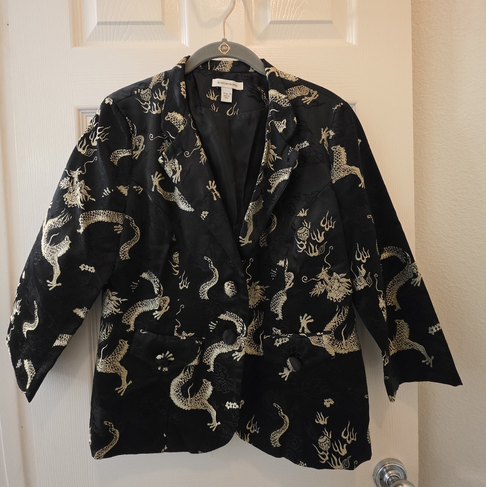 BLACK Boston Proper Blazer Jacket GOLD Dragon Embroidered BLAZER Asian Motif